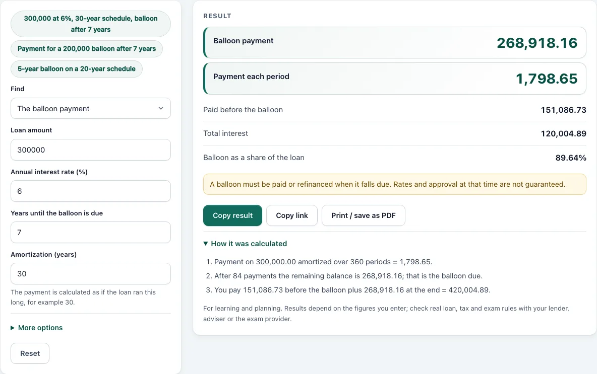 Balloon payment calculator example