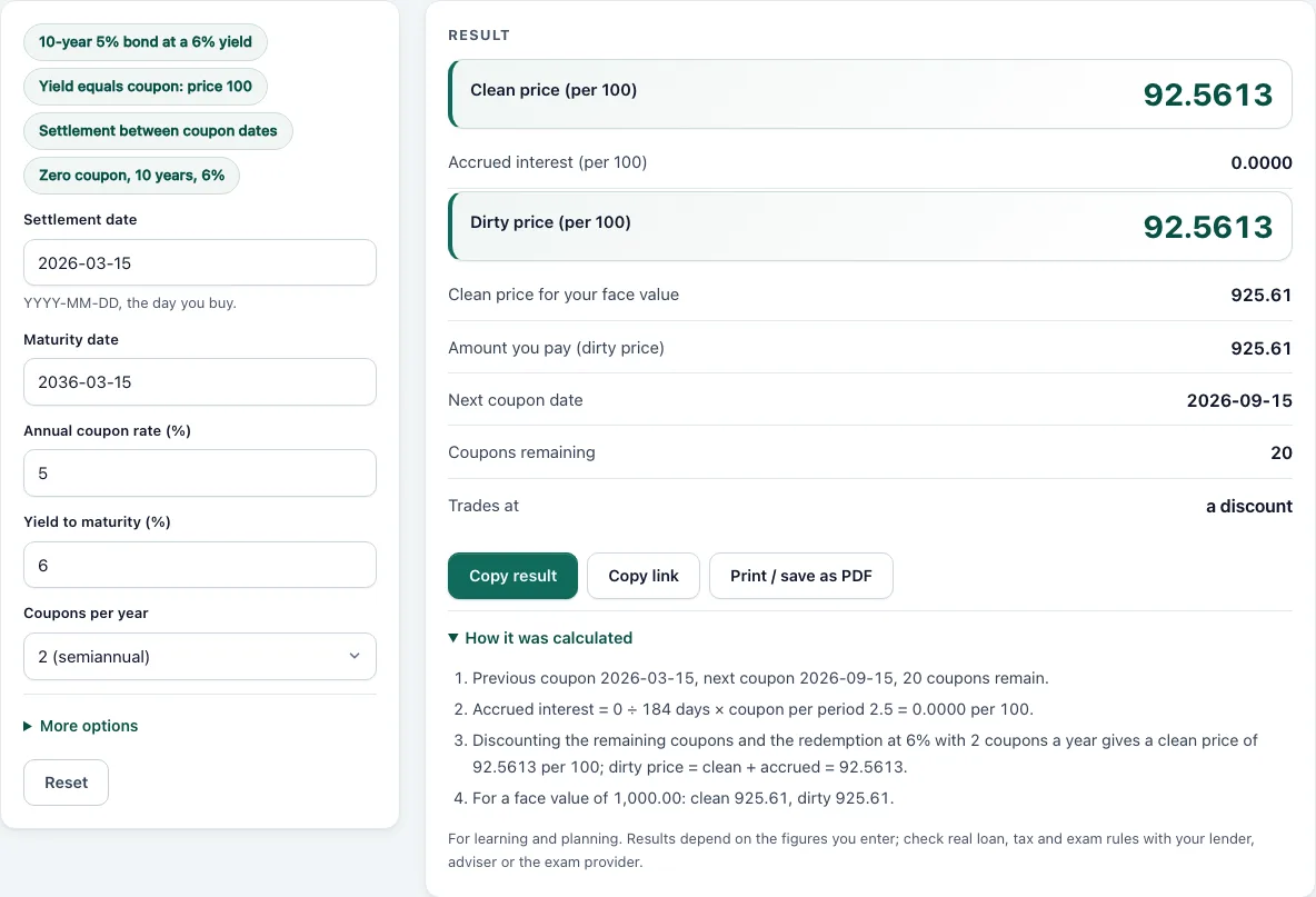 Bond price calculator example