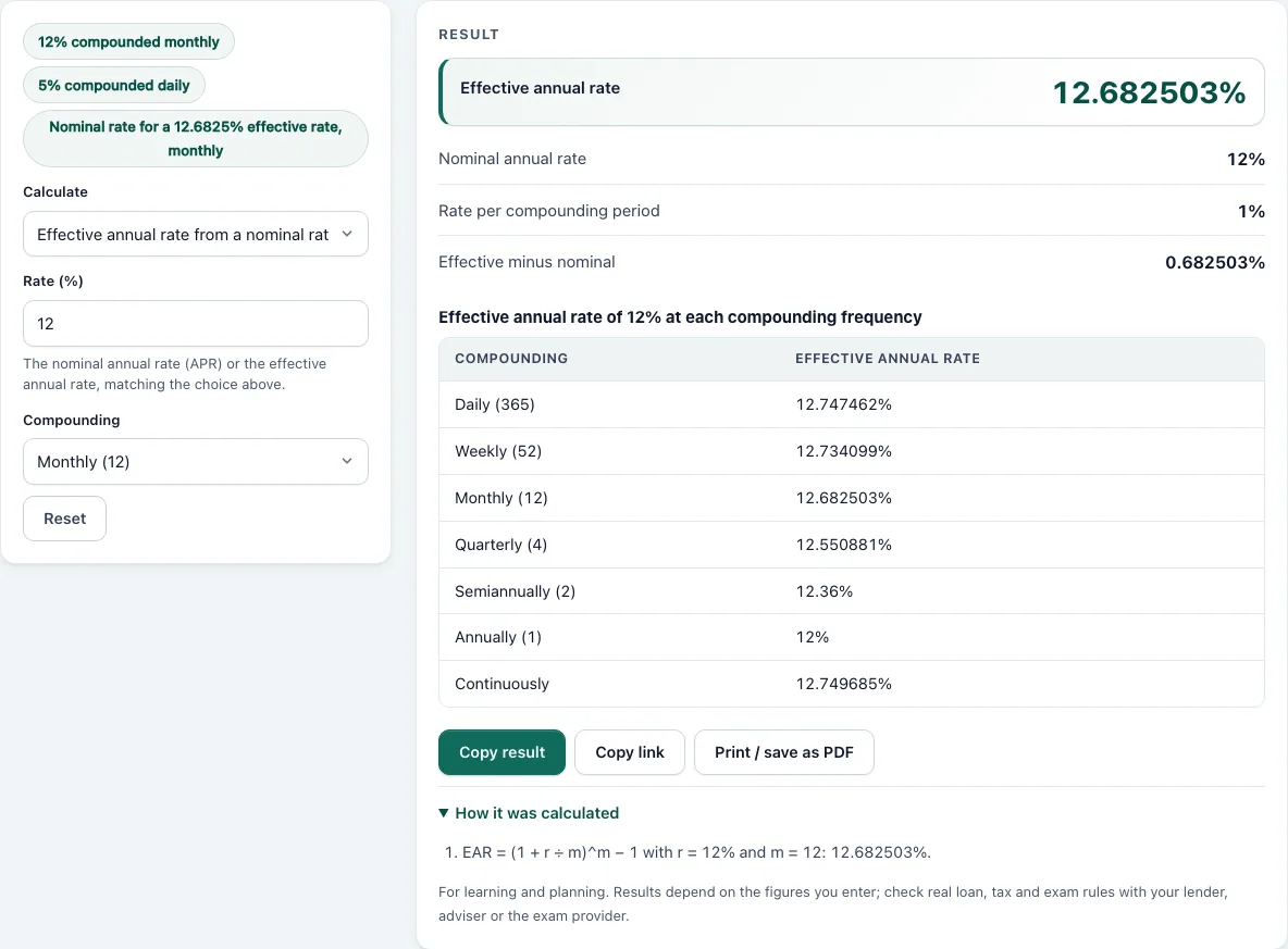 Effective annual rate calculator example