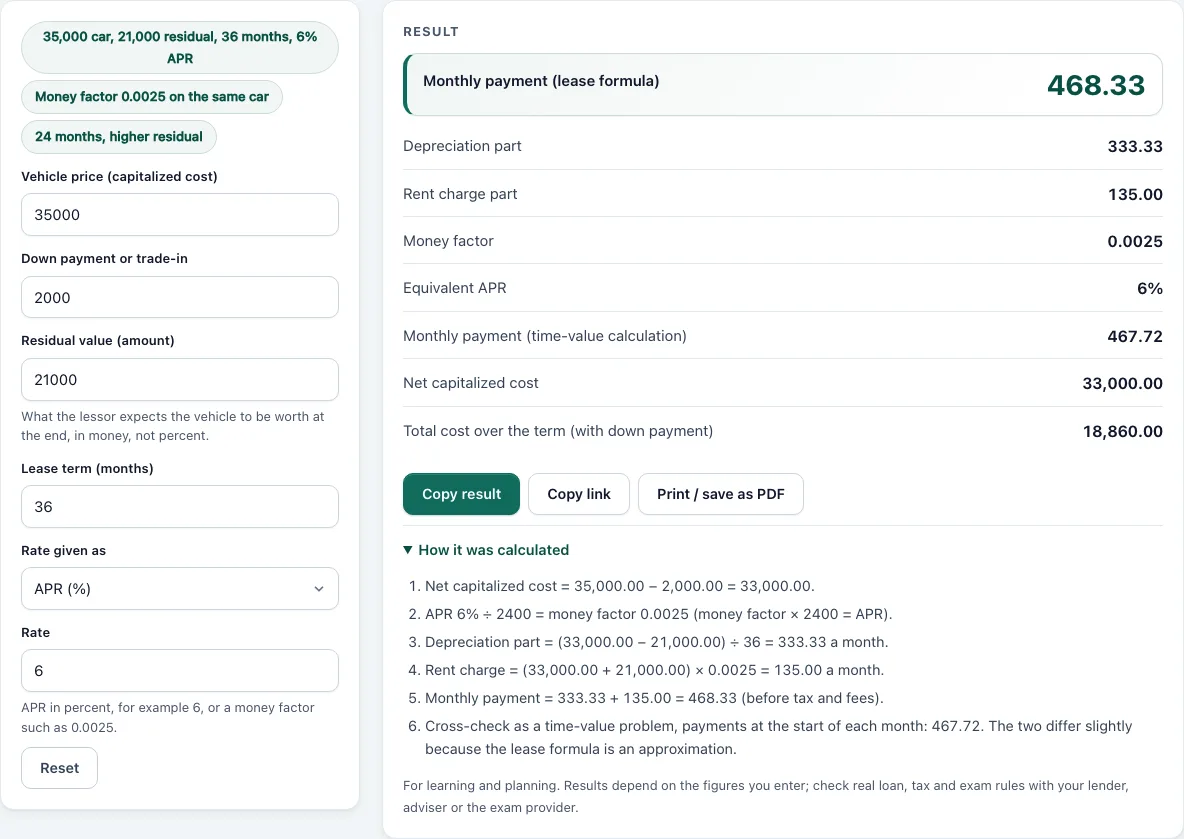 Lease payment calculator example