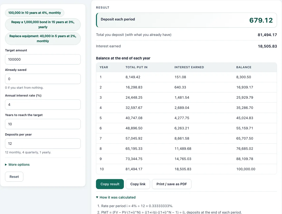 Sinking fund calculator example