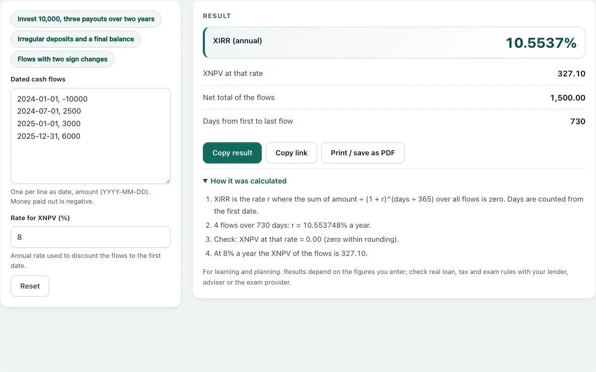 Xirr calculator example