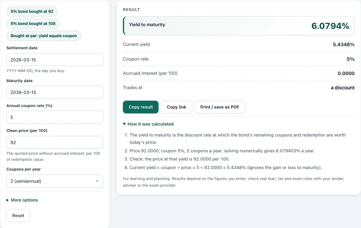 Yield to maturity calculator example